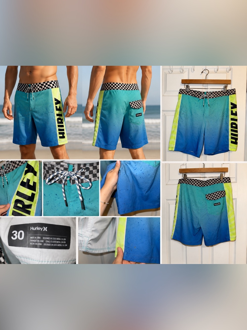 Hurley Teal-to-Blue Gradient Boardshorts with Neon Lime Side Stripe